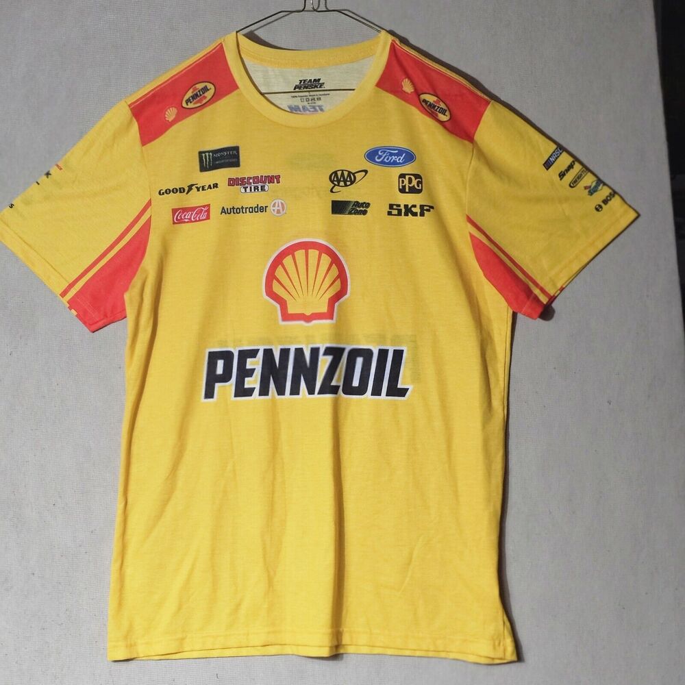 Shell Pennzoil Shirt Men's L Joey Logano 2024 Yellow Crew Neck Uniform Shirt